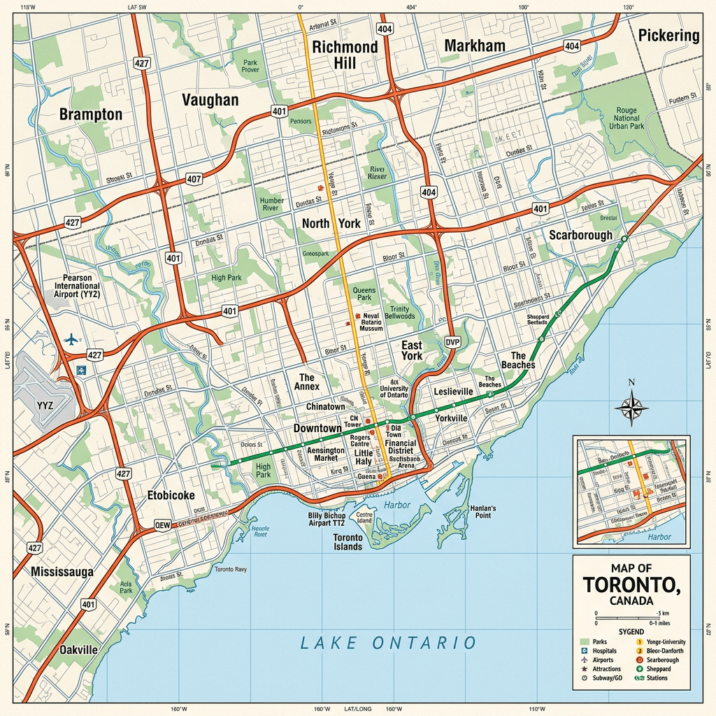 Map of Toronto, Canada showing neighborhoods, highways, parks, airports, and transit stations near Lake Ontario